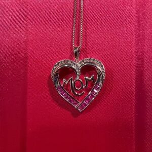 "Mom"  Lab Created Pink Sapphire Sterling Silver Heart Necklace, New In Box